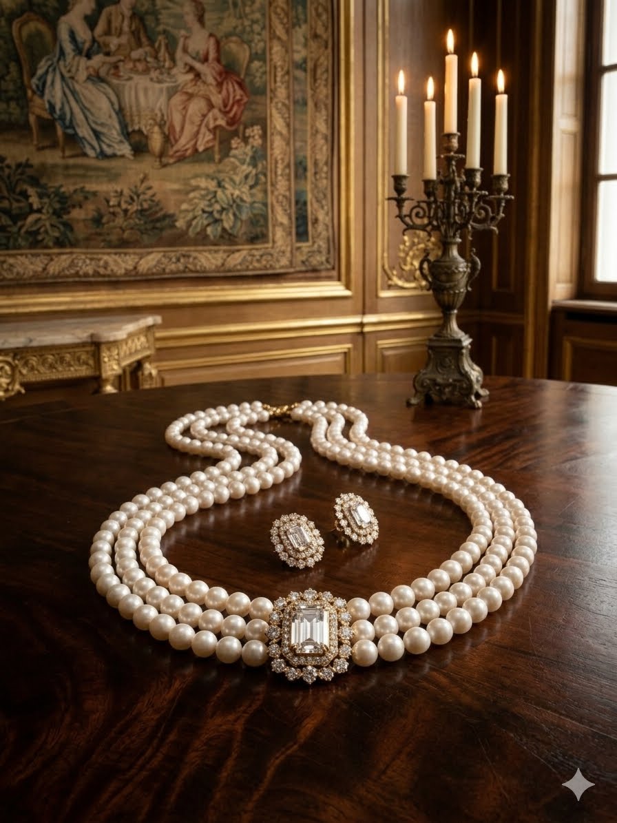 Vintage Regal Pearl & Emerald - cut Diamond Set.