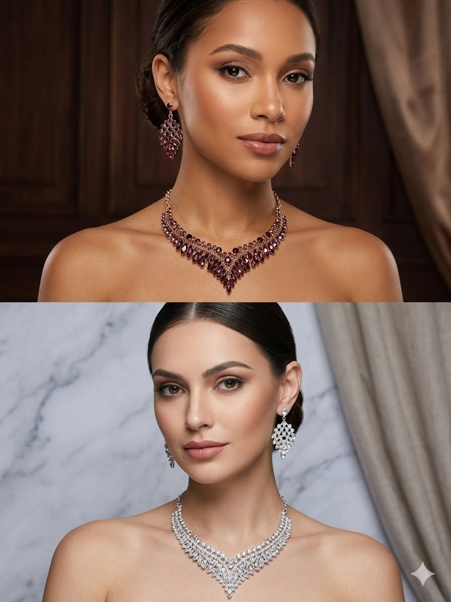 Empress V-Shaped Crystal Statement Necklace & Dangle Earrings Jewellery Set.