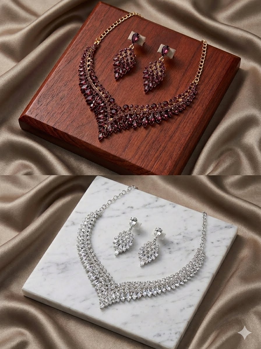 Empress V-Shaped Crystal Statement Necklace & Dangle Earrings Jewellery Set.