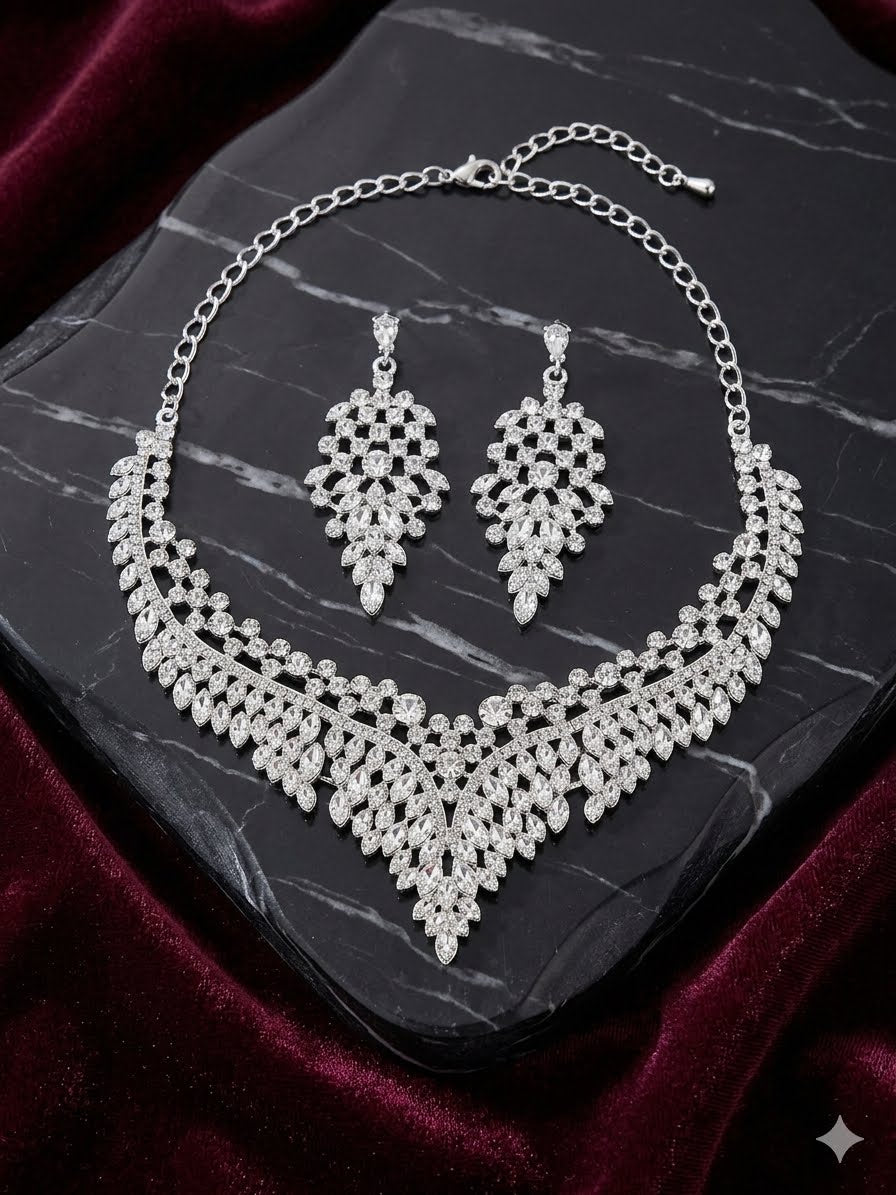 Empress V-Shaped Crystal Statement Necklace & Dangle Earrings Jewellery Set.