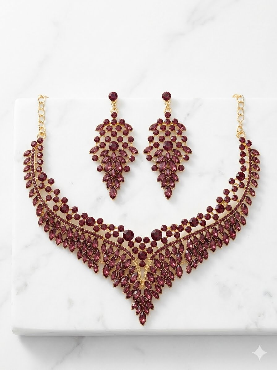 Empress V-Shaped Crystal Statement Necklace & Dangle Earrings Jewellery Set.