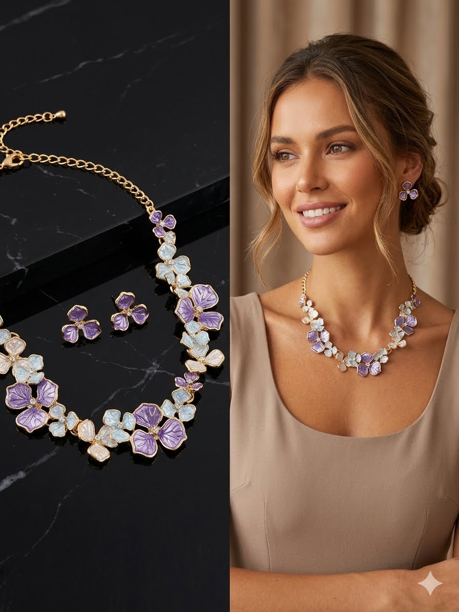 Pastel Floral Bib Collar Necklace & Stud Earrings Set – Vintage Enamel Botanical Jewelry