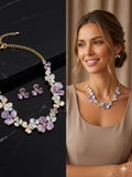 Pastel Floral Bib Collar Necklace & Stud Earrings Set – Vintage Enamel Botanical Jewelry