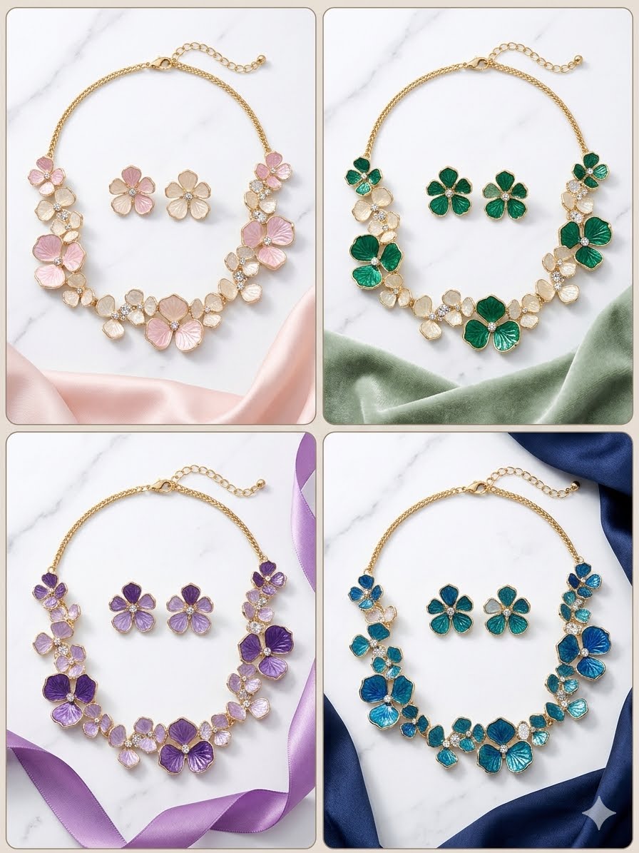 Pastel Floral Bib Collar Necklace & Stud Earrings Set – Vintage Enamel Botanical Jewelry