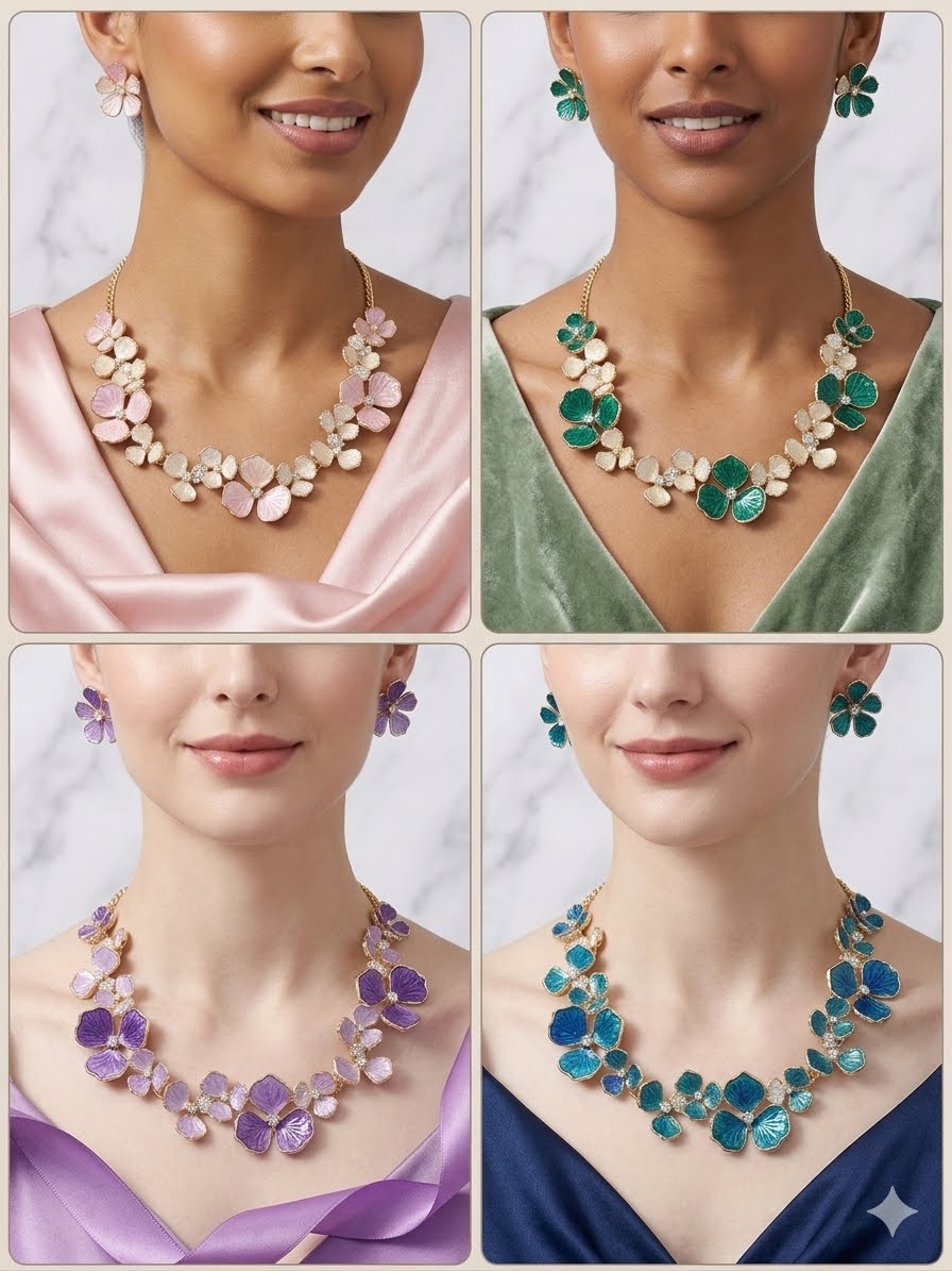 Pastel Floral Bib Collar Necklace & Stud Earrings Set – Vintage Enamel Botanical Jewelry