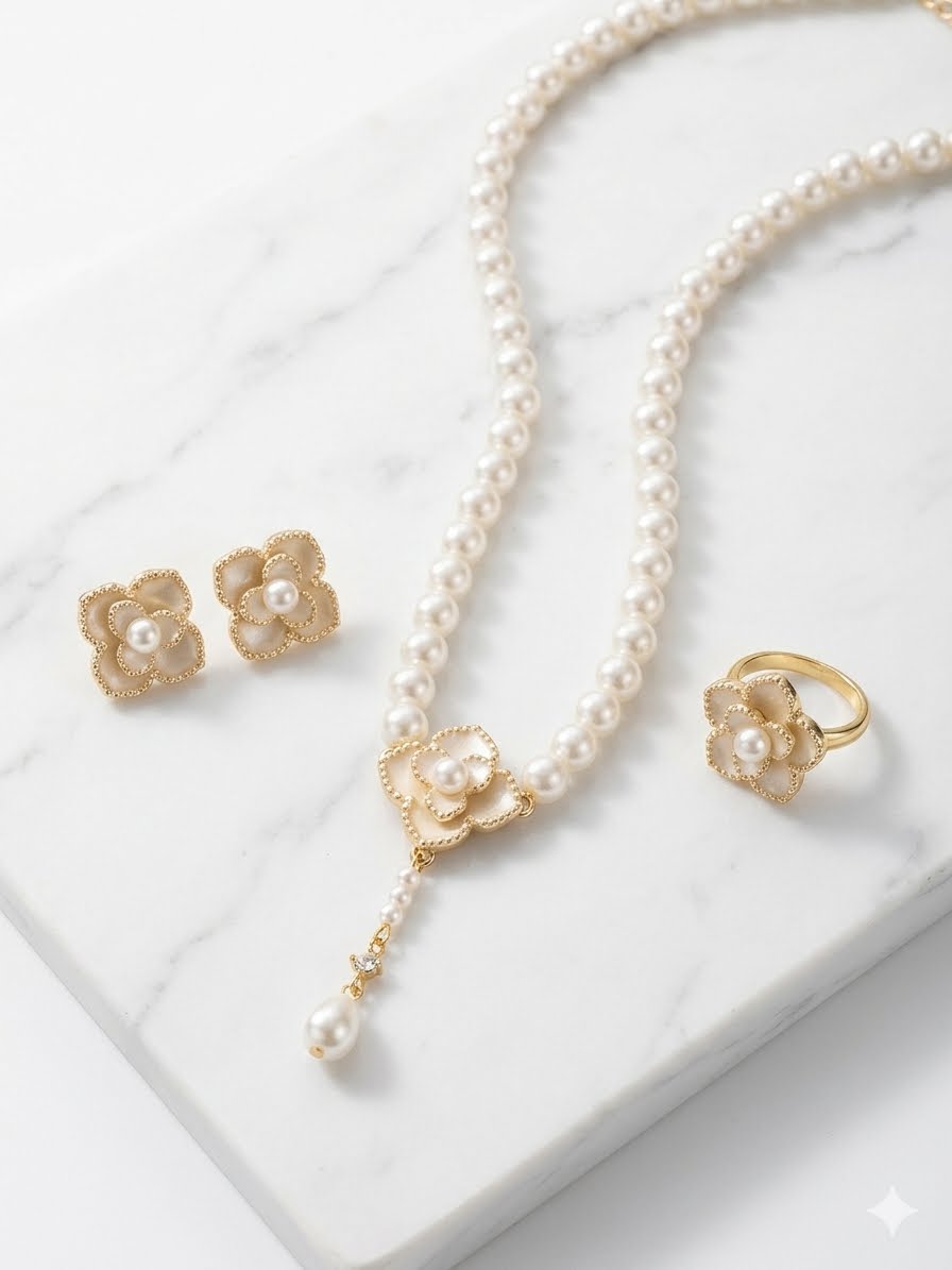 Vintage Camellia Pearl Jewelry Set – Floral Lariat Necklace, Earrings & Ring Three-Piece Set.
