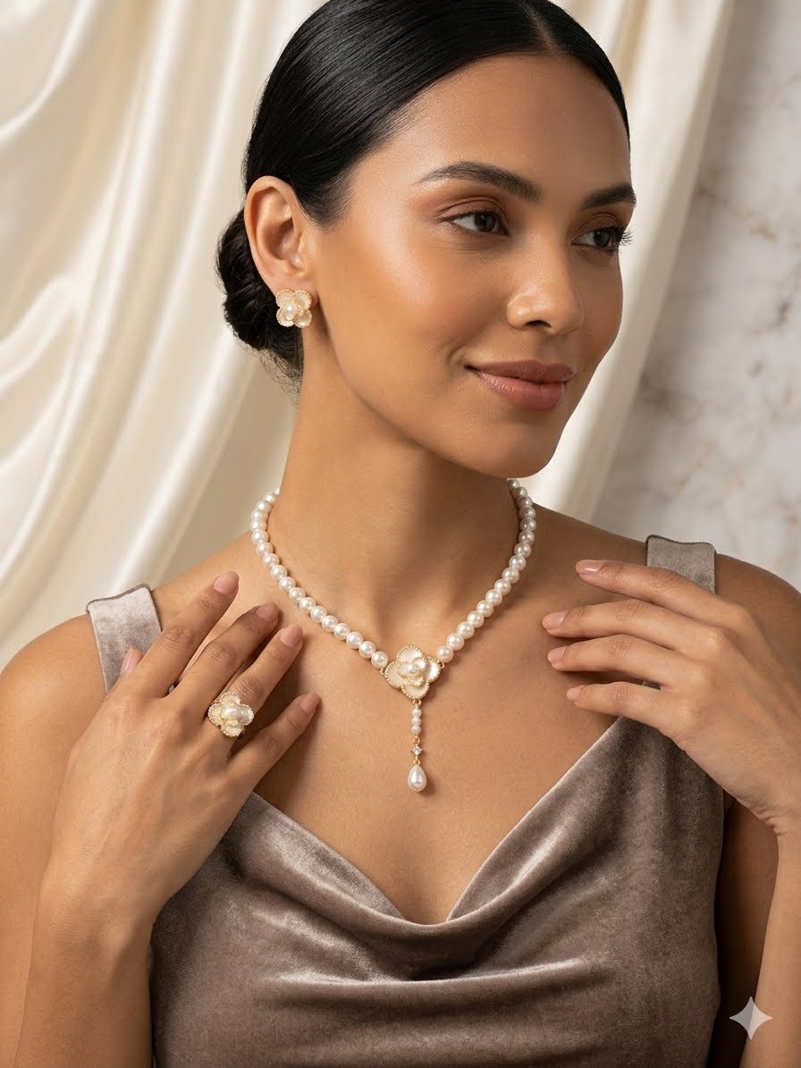 Vintage Camellia Pearl Jewelry Set – Floral Lariat Necklace, Earrings & Ring Three-Piece Set.