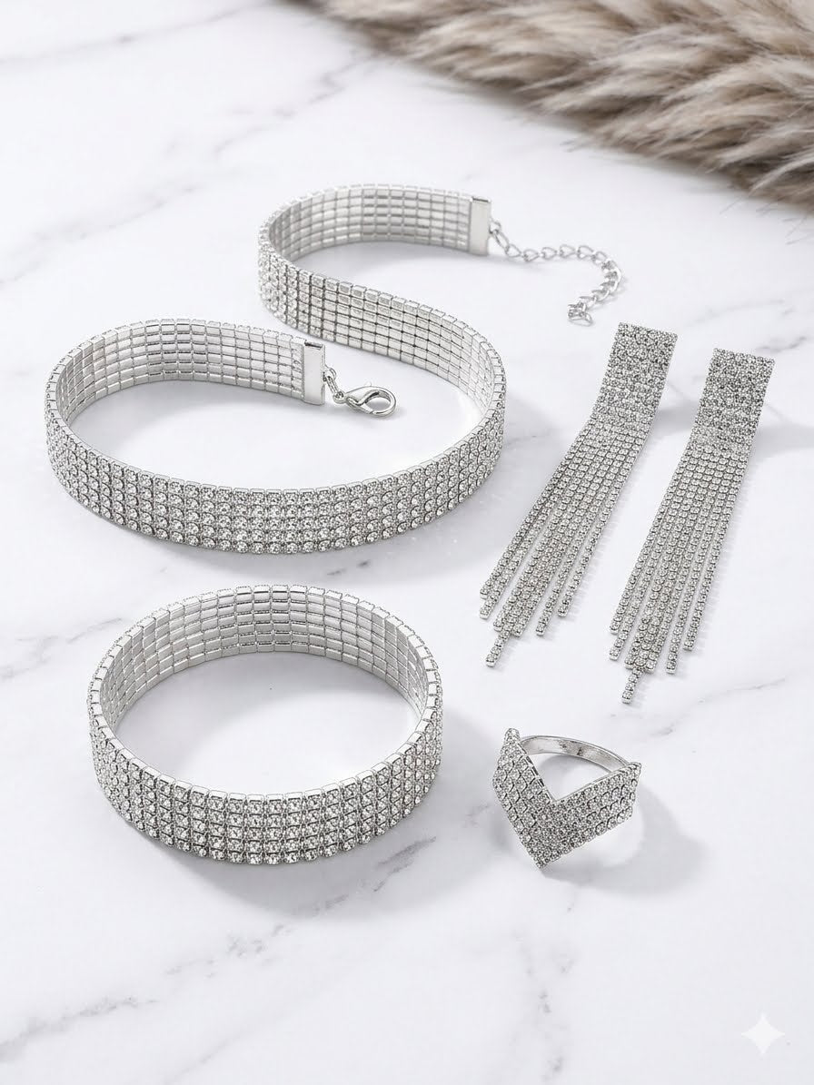 Starlight Rhinestone Glamour Suite – 4-Piece Crystal Choker, Fringe Earrings, Mesh Bracelet & Statement Ring Jewelry Set
