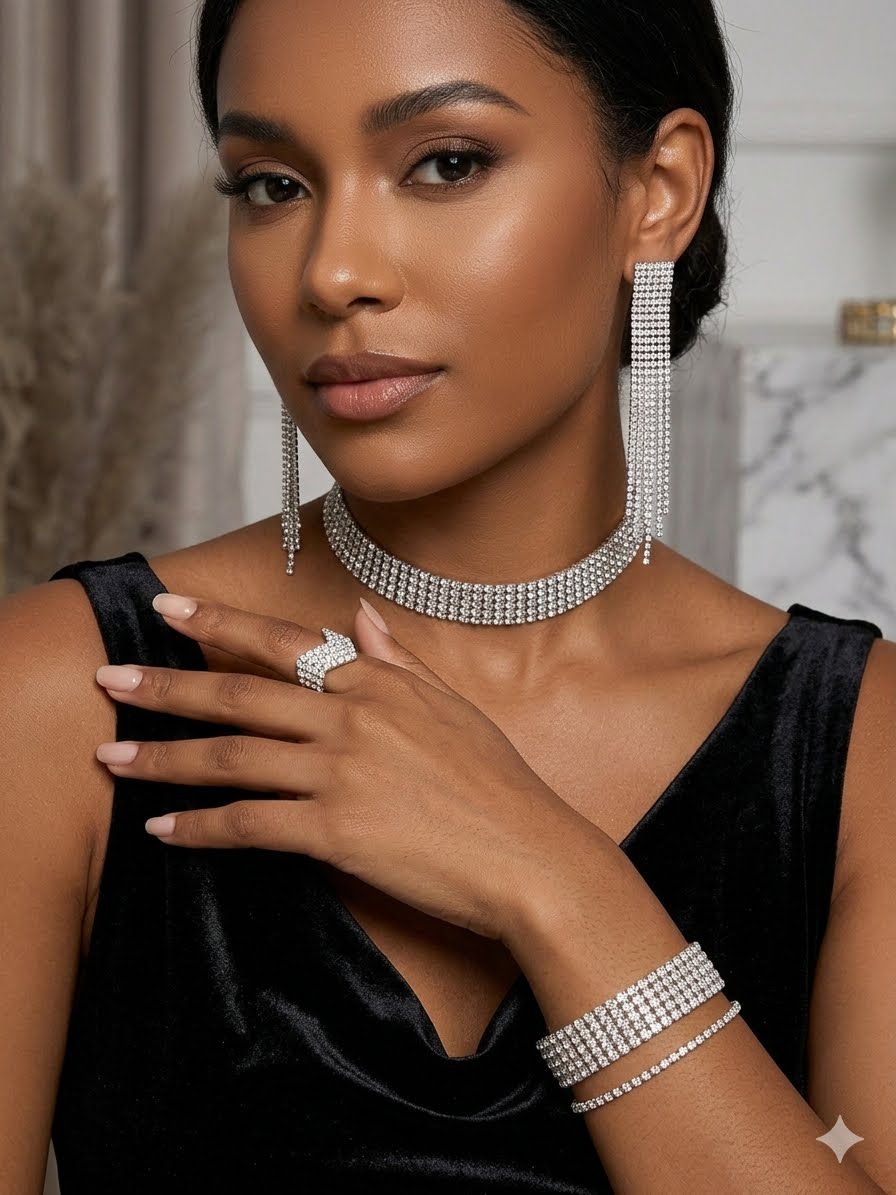 Starlight Rhinestone Glamour Suite – 4-Piece Crystal Choker, Fringe Earrings, Mesh Bracelet & Statement Ring Jewelry Set