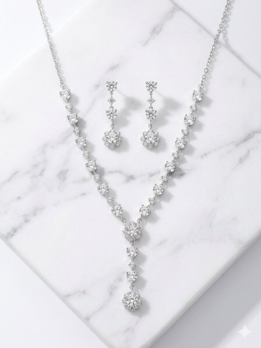 Midnight & Diamond Blossom Statement Set – Halo Crystal Y-Necklace & Matching Linear Earrings