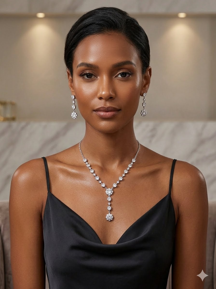 Midnight & Diamond Blossom Statement Set – Halo Crystal Y-Necklace & Matching Linear Earrings