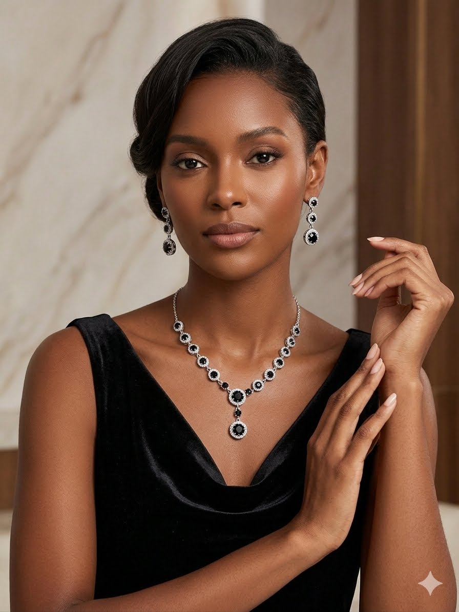 Midnight & Diamond Blossom Statement Set – Halo Crystal Y-Necklace & Matching Linear Earrings