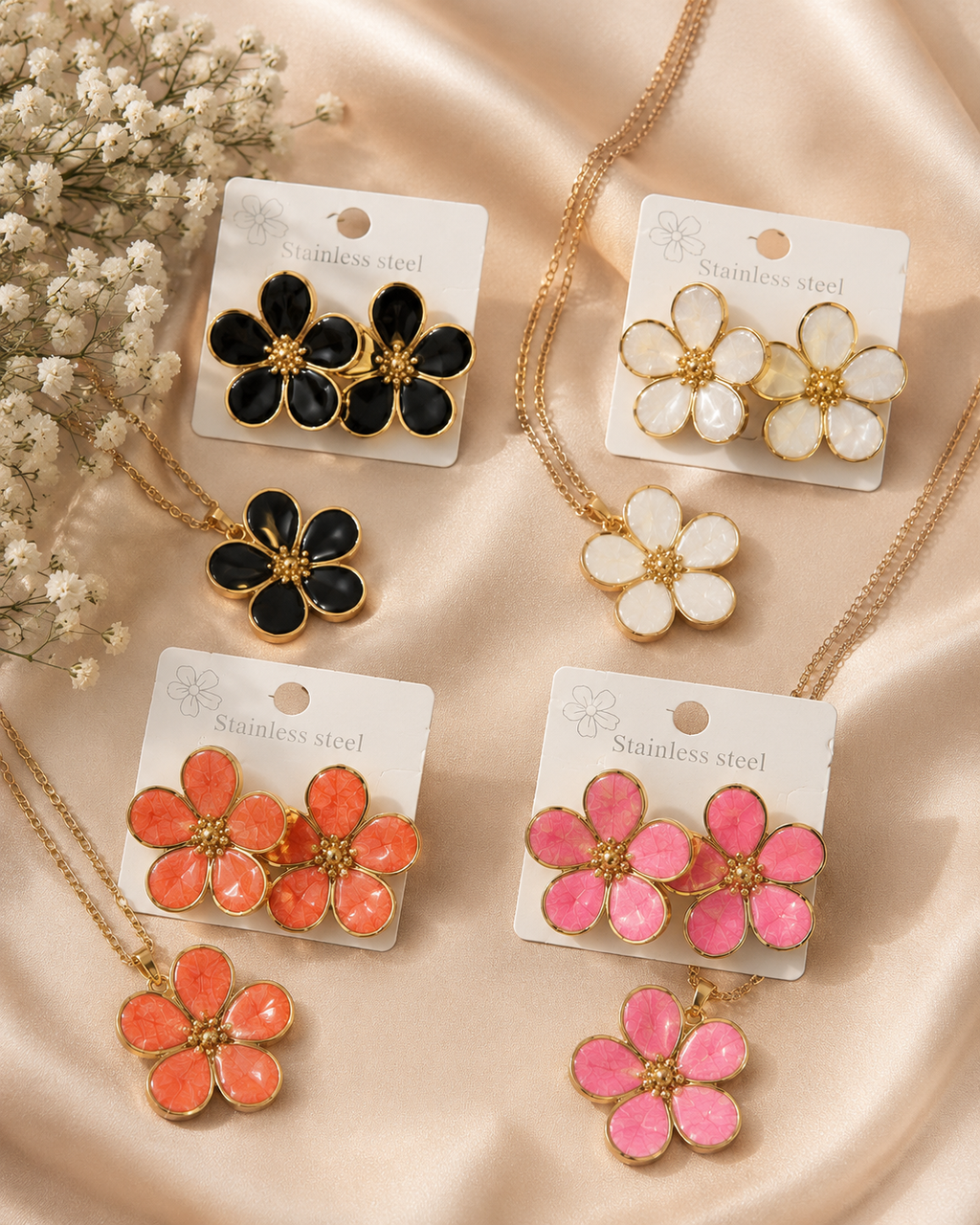 Floral Stainless Steel Necklace & Earring Jewelry Sets