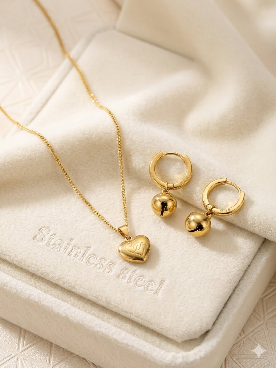 Dainty Gold Heart Pendant Necklace & Huggie Bell Earrings Set