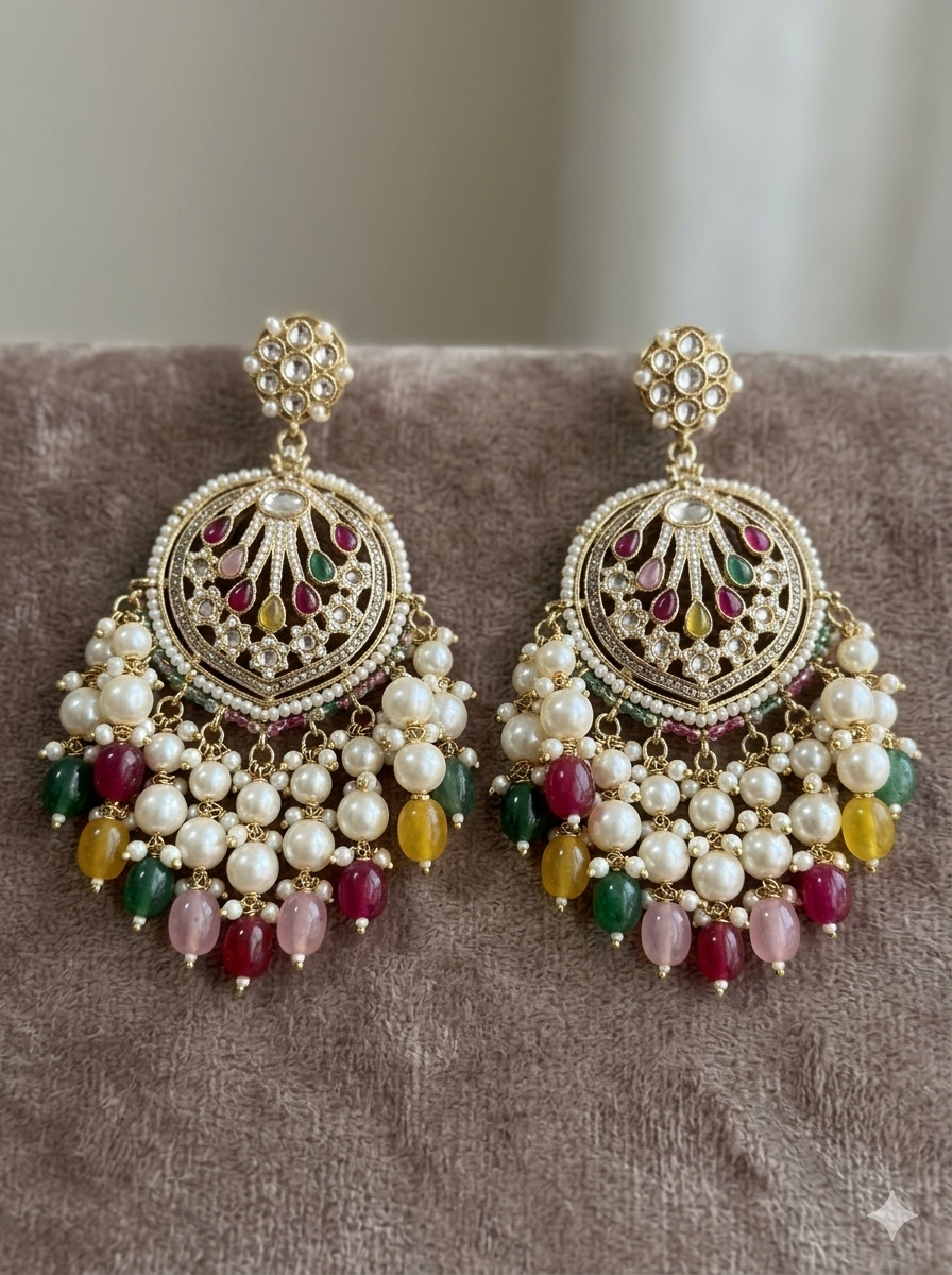 Royal Multicolour Pearl Chandbali Earrings