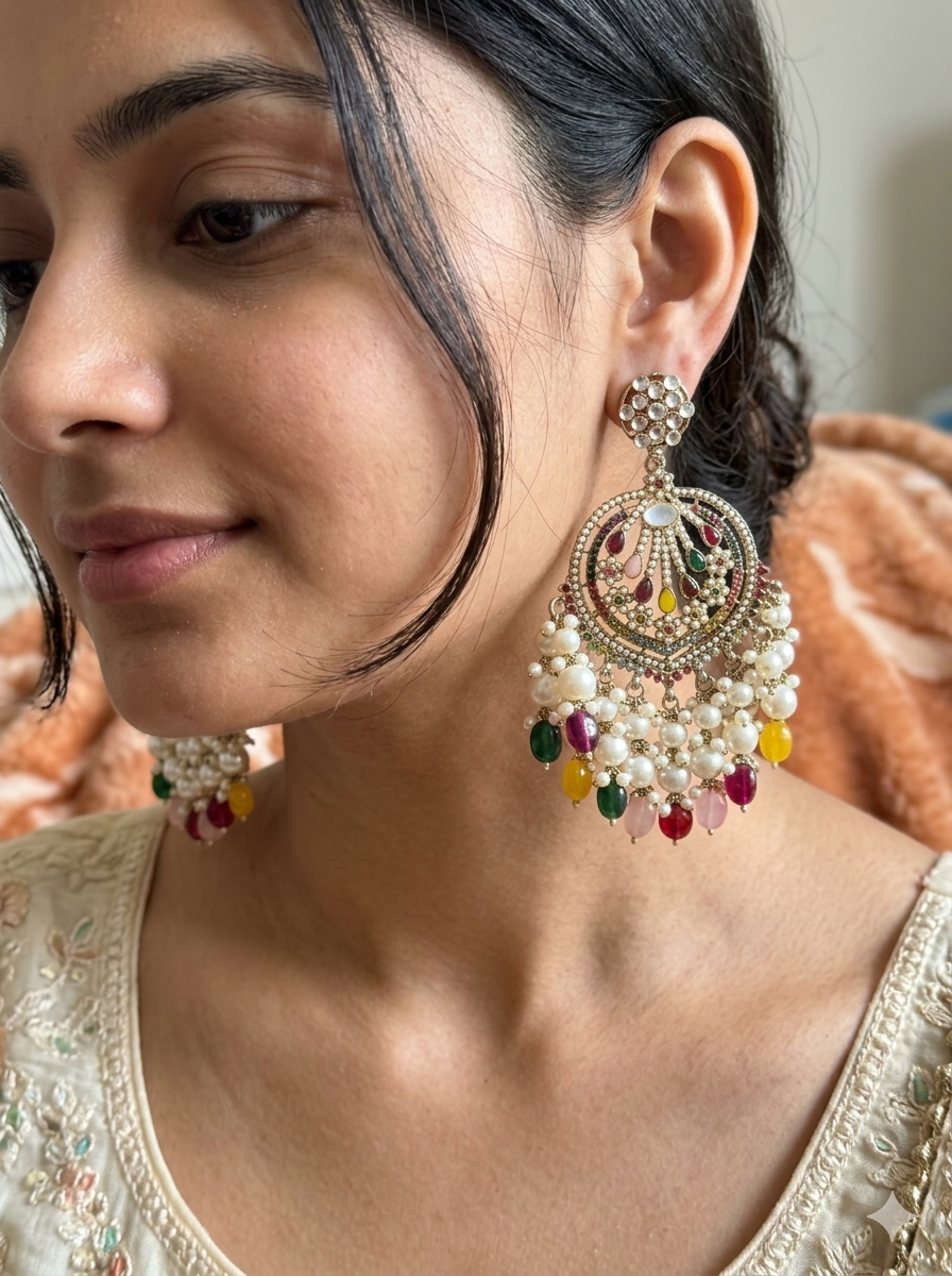 Royal Multicolour Pearl Chandbali Earrings