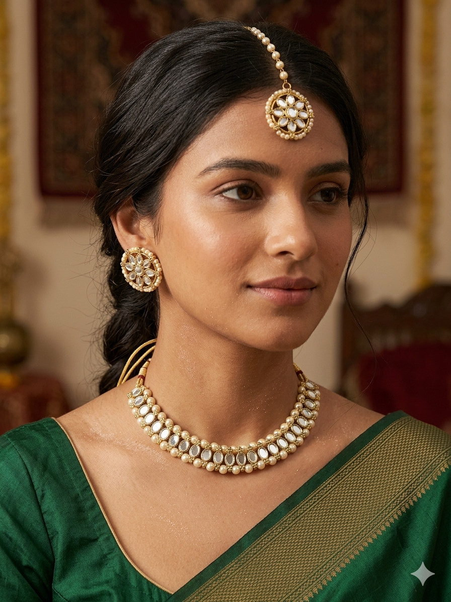 Elegant Kundan and Pearl Necklace set with Matching Maang Tikka