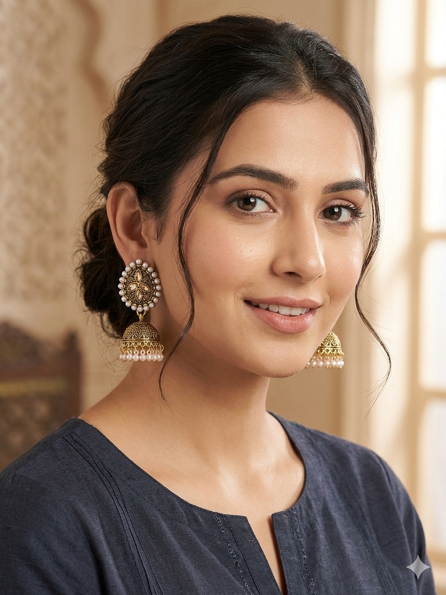Handcrafted Antique Gold - tone Pearl Jhumka Earrings