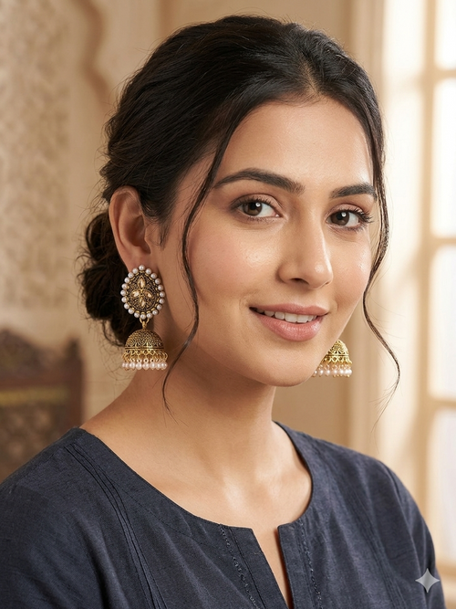 Handcrafted Antique Gold - tone Pearl Jhumka Earrings