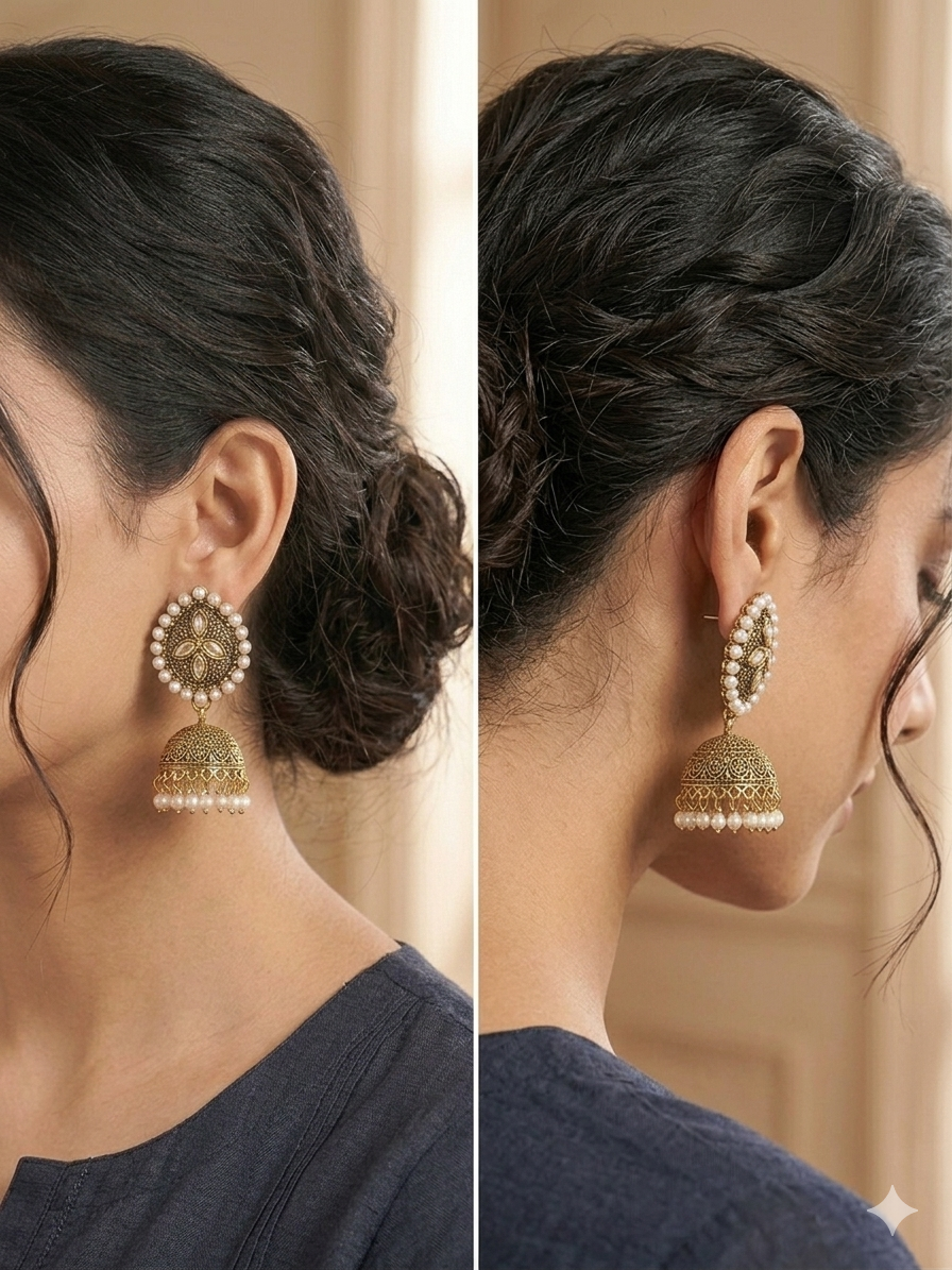 Handcrafted Antique Gold - tone Pearl Jhumka Earrings