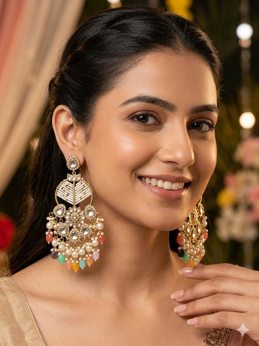 Handcrafted Kundan & Pastel Multi- Color Bead Dandle Earrings