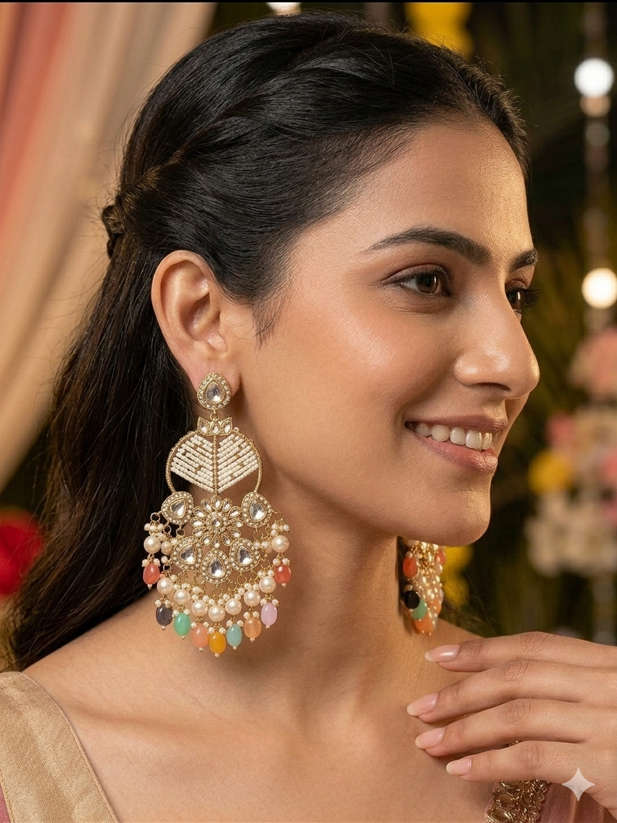 Handcrafted Kundan & Pastel Multi- Color Bead Dandle Earrings